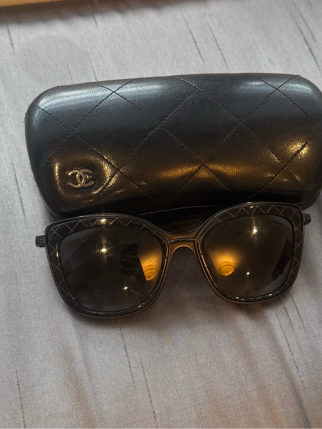 Chanel Black Quilted Frame Sunglasses With Black Quilted Case